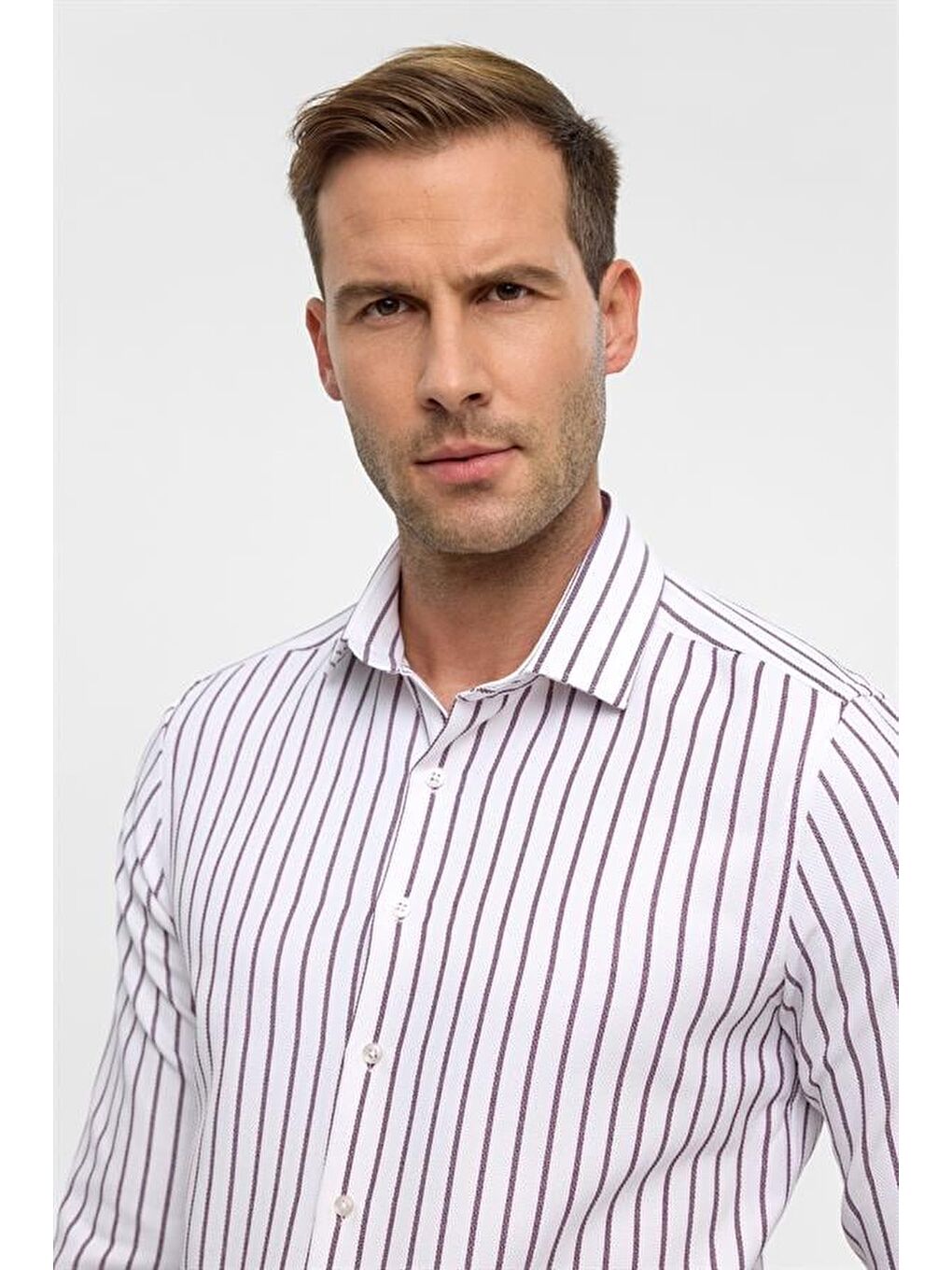 Koyu Bordo Slim Çizgili Klasik Yaka Gömlek-2