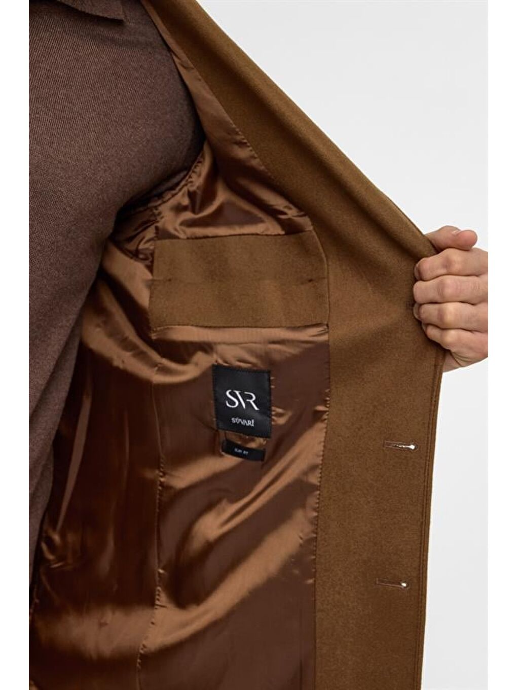 Kahverengi Koyu Kahve Slim Düz Mono Yaka Kaban-6