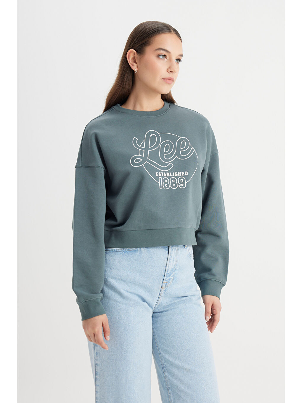 Regular Fit Normal Kesim Bisiklet Yaka %100 Pamuk Yeşil Sweatshirt