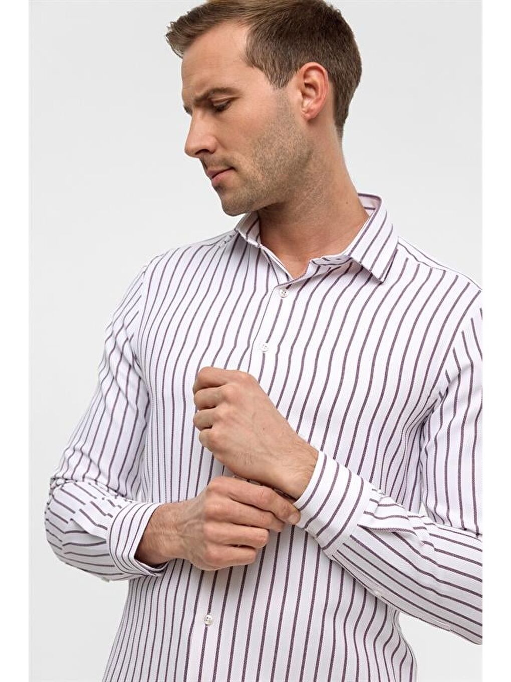 Koyu Bordo Slim Çizgili Klasik Yaka Gömlek-3