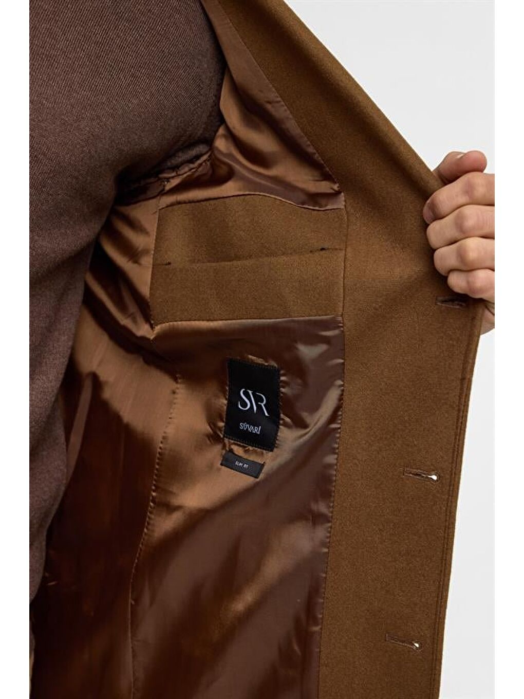 Kahverengi Koyu Kahve Slim Düz Mono Yaka Kaban-7