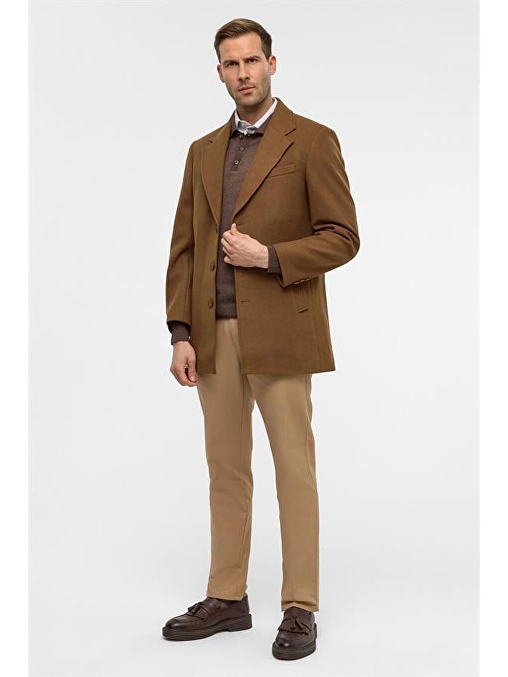 Kahverengi Koyu Kahve Slim Düz Mono Yaka Kaban-8