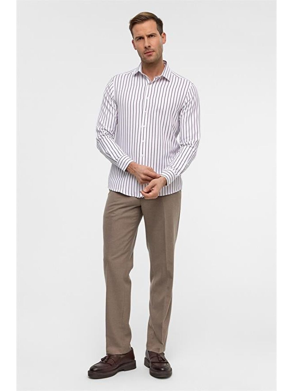 Koyu Bordo Slim Çizgili Klasik Yaka Gömlek-4