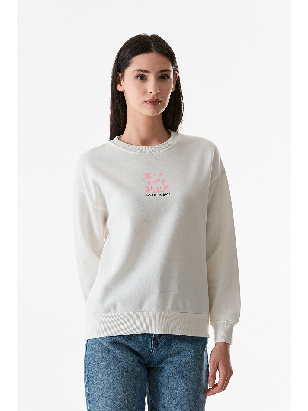 Fullamoda Ekru Baskılı Bisiklet Yaka Sweatshirt