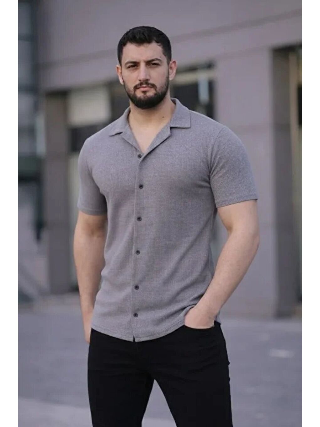 Erkek Waffle Kumaş Kısa Kollu Düğmeli Açık Yaka Regular Fit Gömlek - Gri