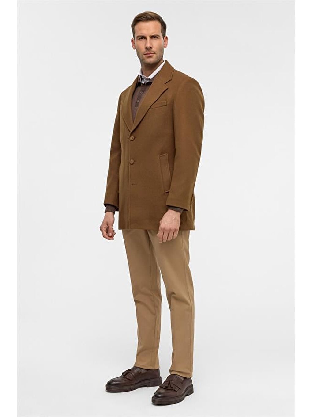 Kahverengi Koyu Kahve Slim Düz Mono Yaka Kaban-9