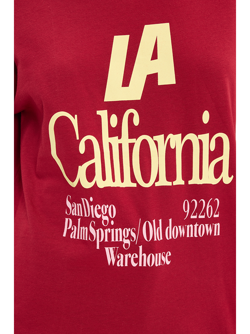 Kadın Oversize Geniş Kesim %100 Pamuk Bisiklet Yaka Kısa Kollu Basklı Bordo Tişört-3