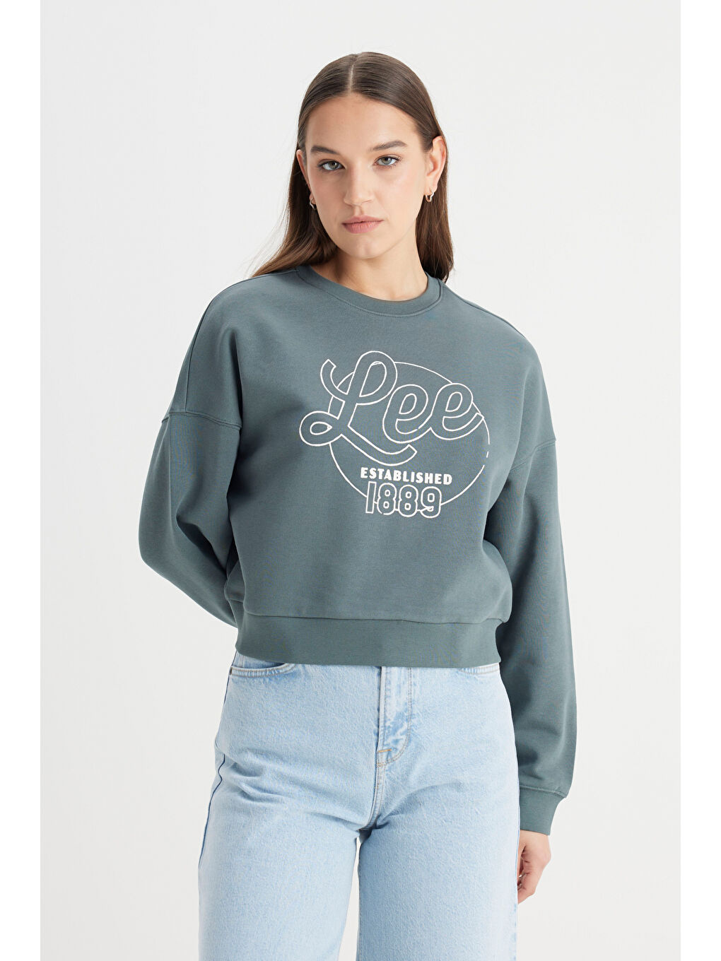 Regular Fit Normal Kesim Bisiklet Yaka %100 Pamuk Yeşil Sweatshirt-1