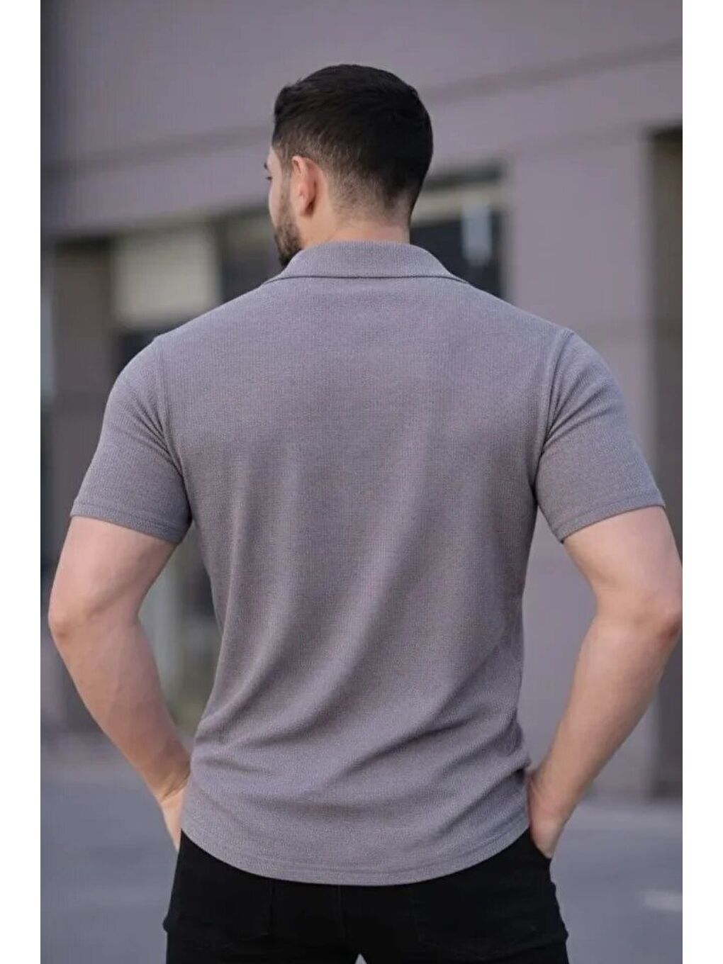 Erkek Waffle Kumaş Kısa Kollu Düğmeli Açık Yaka Regular Fit Gömlek - Gri-2