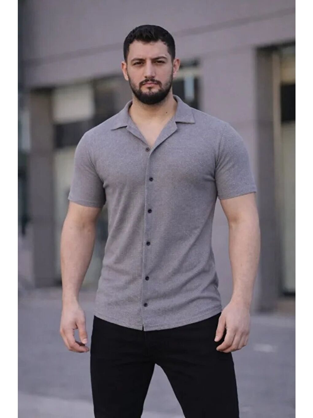 Erkek Waffle Kumaş Kısa Kollu Düğmeli Açık Yaka Regular Fit Gömlek - Gri-3