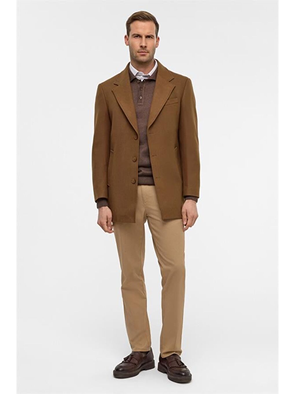 Kahverengi Koyu Kahve Slim Düz Mono Yaka Kaban-10