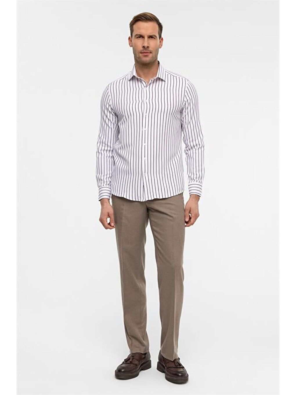 Koyu Bordo Slim Çizgili Klasik Yaka Gömlek-6