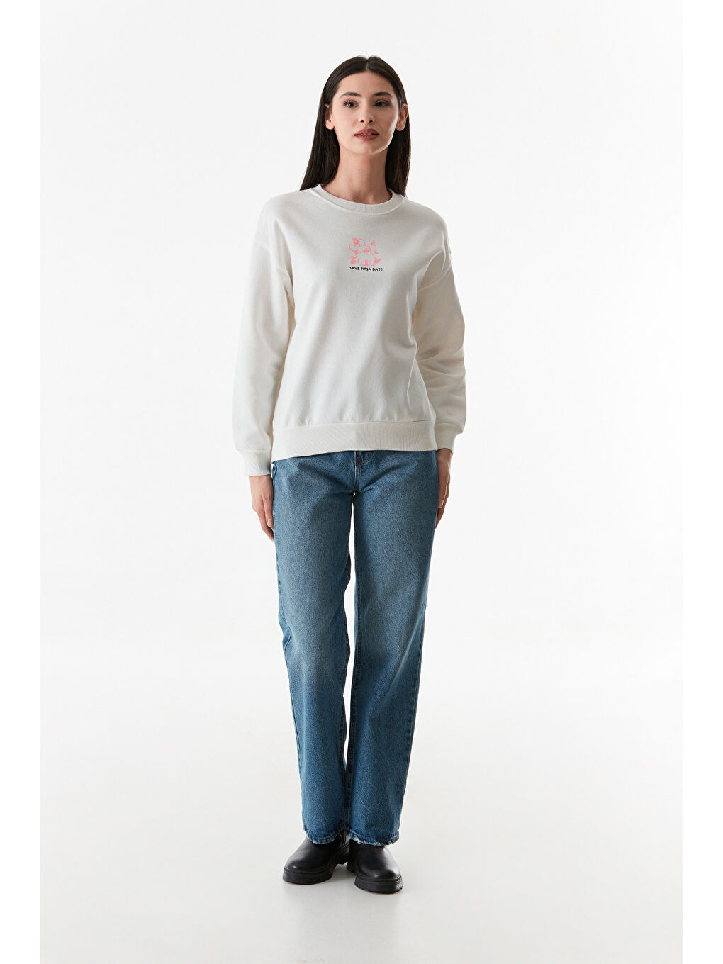 Fullamoda Ekru Baskılı Bisiklet Yaka Sweatshirt - 1