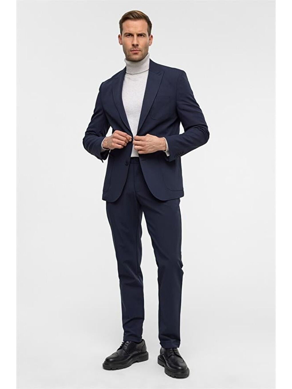 Lacivert Slim Desenli Sivri Yaka 6 Drop Yelekli Takım Elbise-1