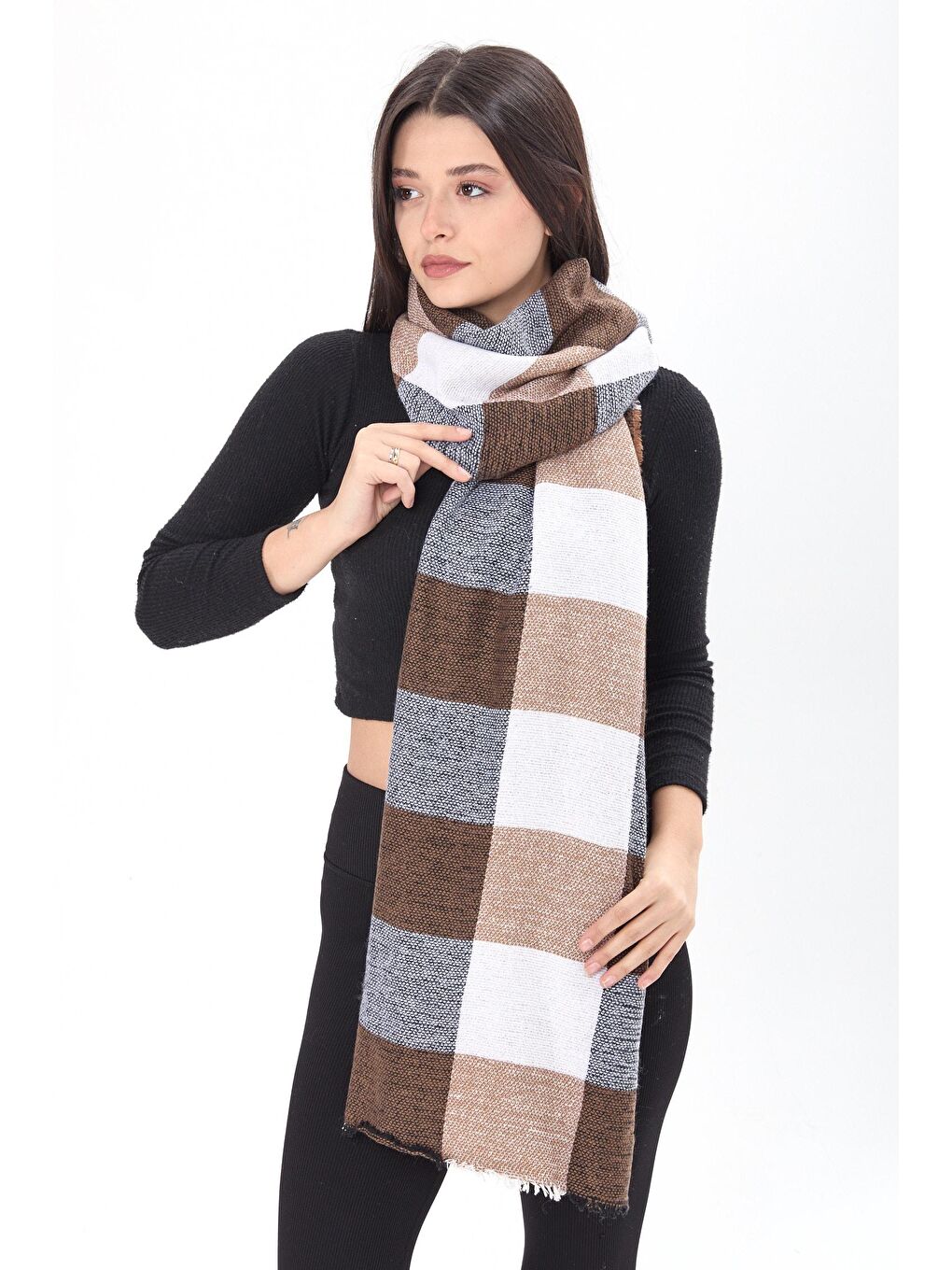 Orta Kadın Kahverengi Çift Taraflı Omuz Şalı - 23884