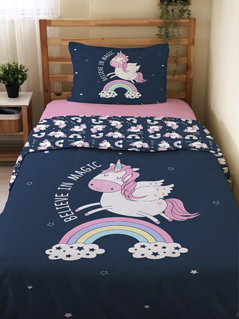 EVMİLA Karışık Çift Taraflı Unicorn Gökkuşağı Desenli Çarşafsız Takım Tek Kişilik Nevresim Takımı 160x220 Cm