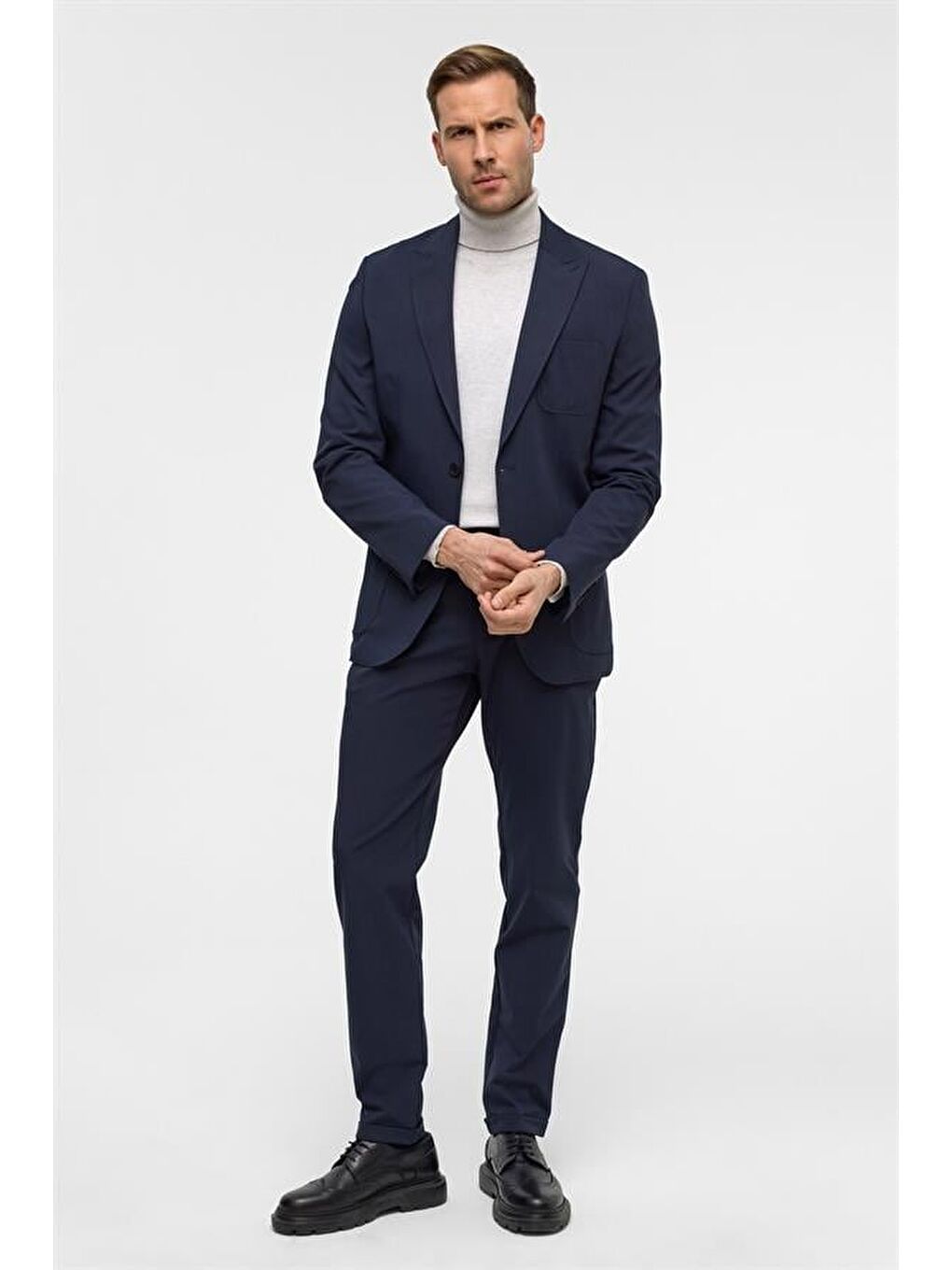 Lacivert Slim Desenli Sivri Yaka 6 Drop Yelekli Takım Elbise-2