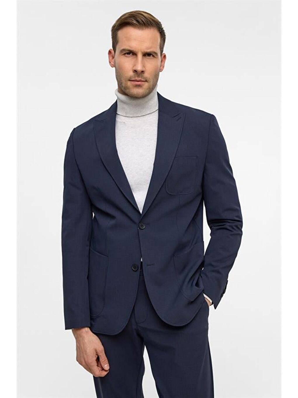 Lacivert Slim Desenli Sivri Yaka 6 Drop Yelekli Takım Elbise-3