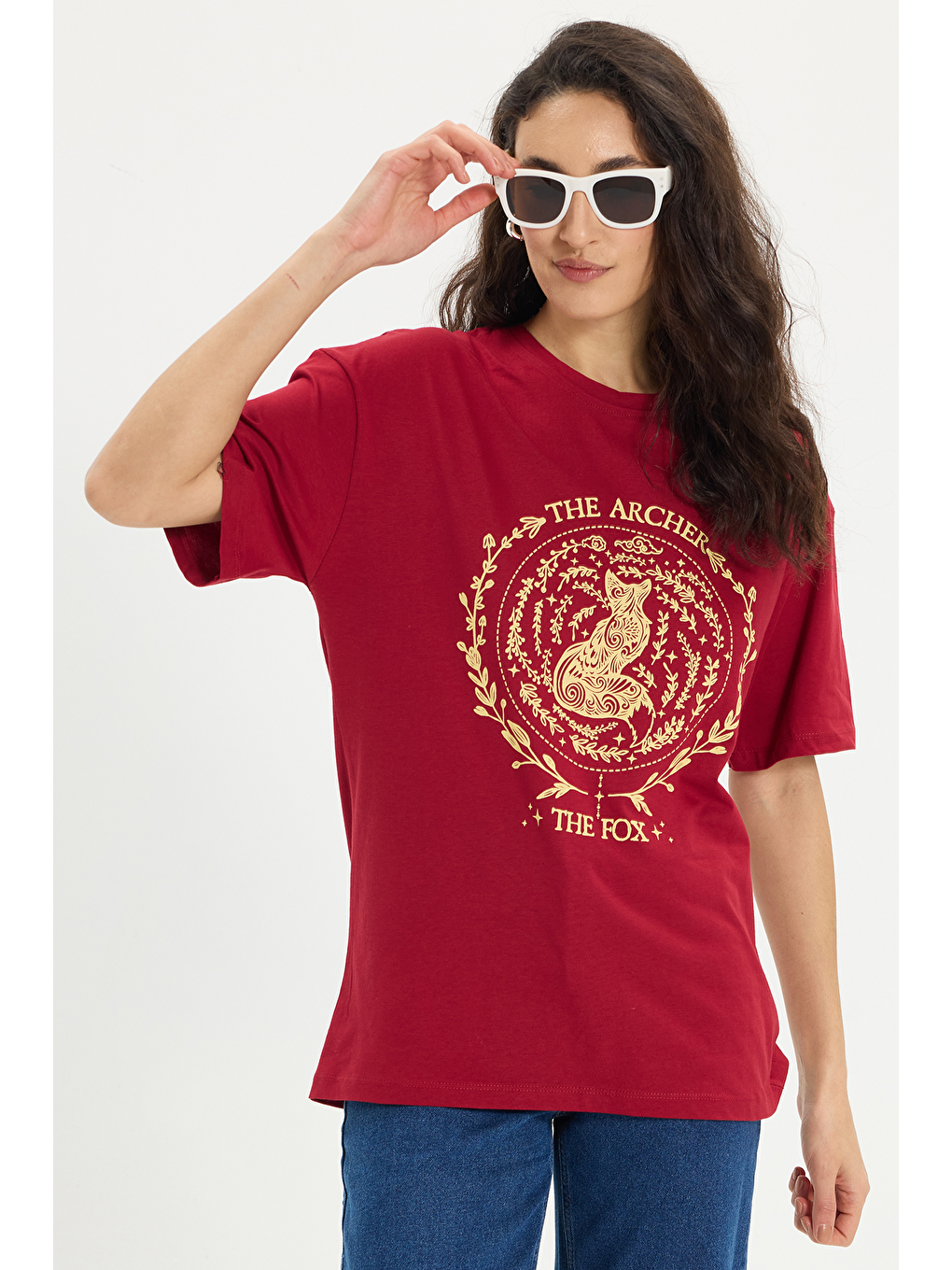 Kadın Oversize Geniş Kesim %100 Pamuk Bisiklet Yaka Kısa Kollu Baskılı Bordo Tişört