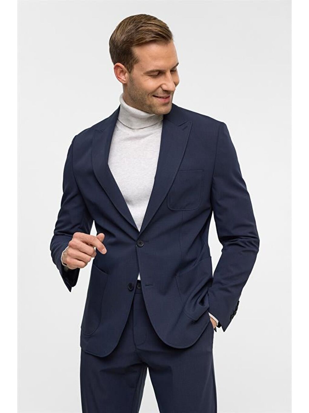 Lacivert Slim Desenli Sivri Yaka 6 Drop Yelekli Takım Elbise-4