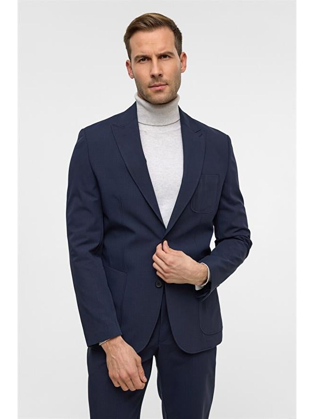 Lacivert Slim Desenli Sivri Yaka 6 Drop Yelekli Takım Elbise-5