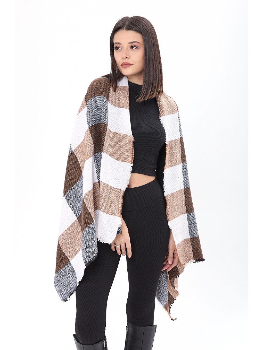 Orta Kadın Kahverengi Çift Taraflı Omuz Şalı - 23884-1