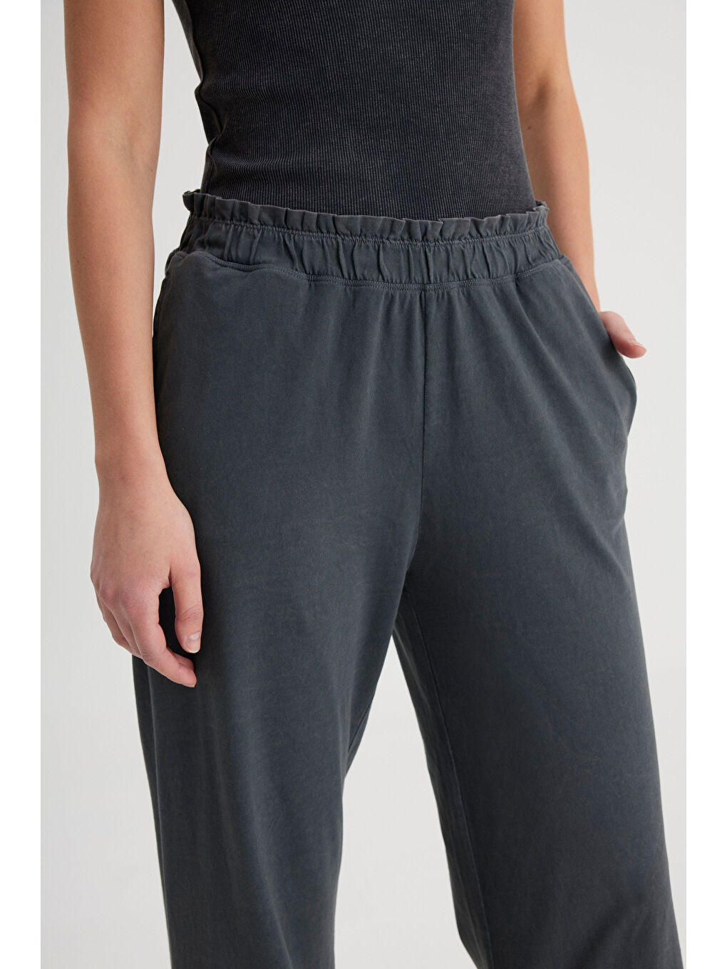 Loose Fit Rahat Kesim Yüksek Bel Geniş Paça %100 Pamuk Antrasit Sweatpant Eşofman-2