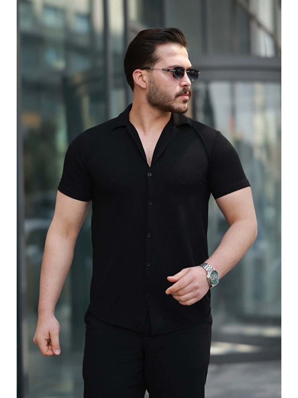Siyah Erkek Kısa Kollu örme Kumaş Pamuklu Gömlek