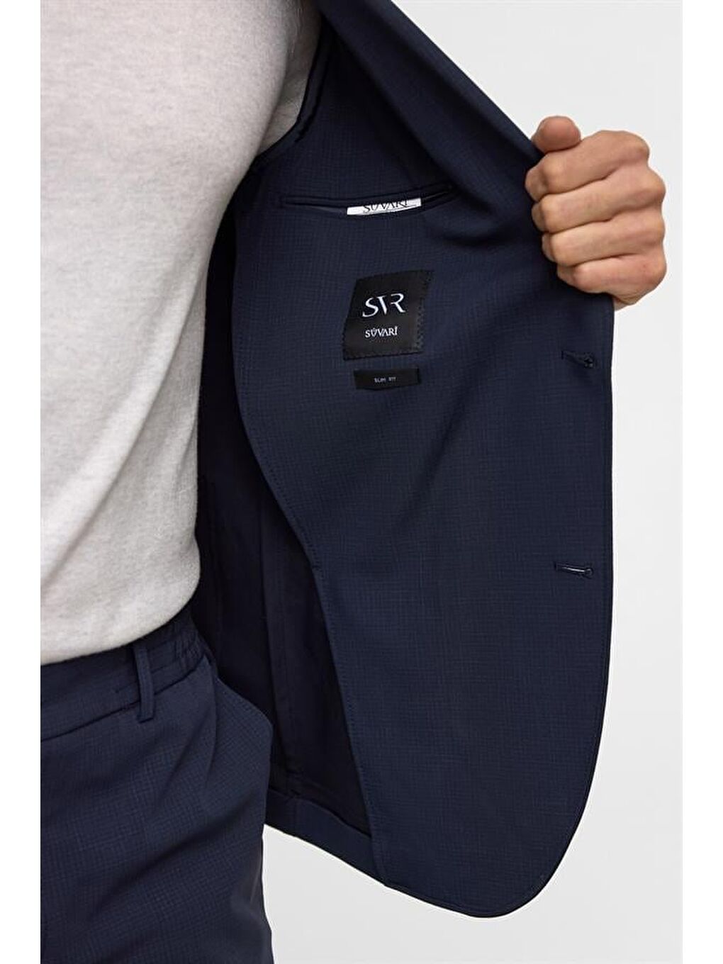 Lacivert Slim Desenli Sivri Yaka 6 Drop Yelekli Takım Elbise-9