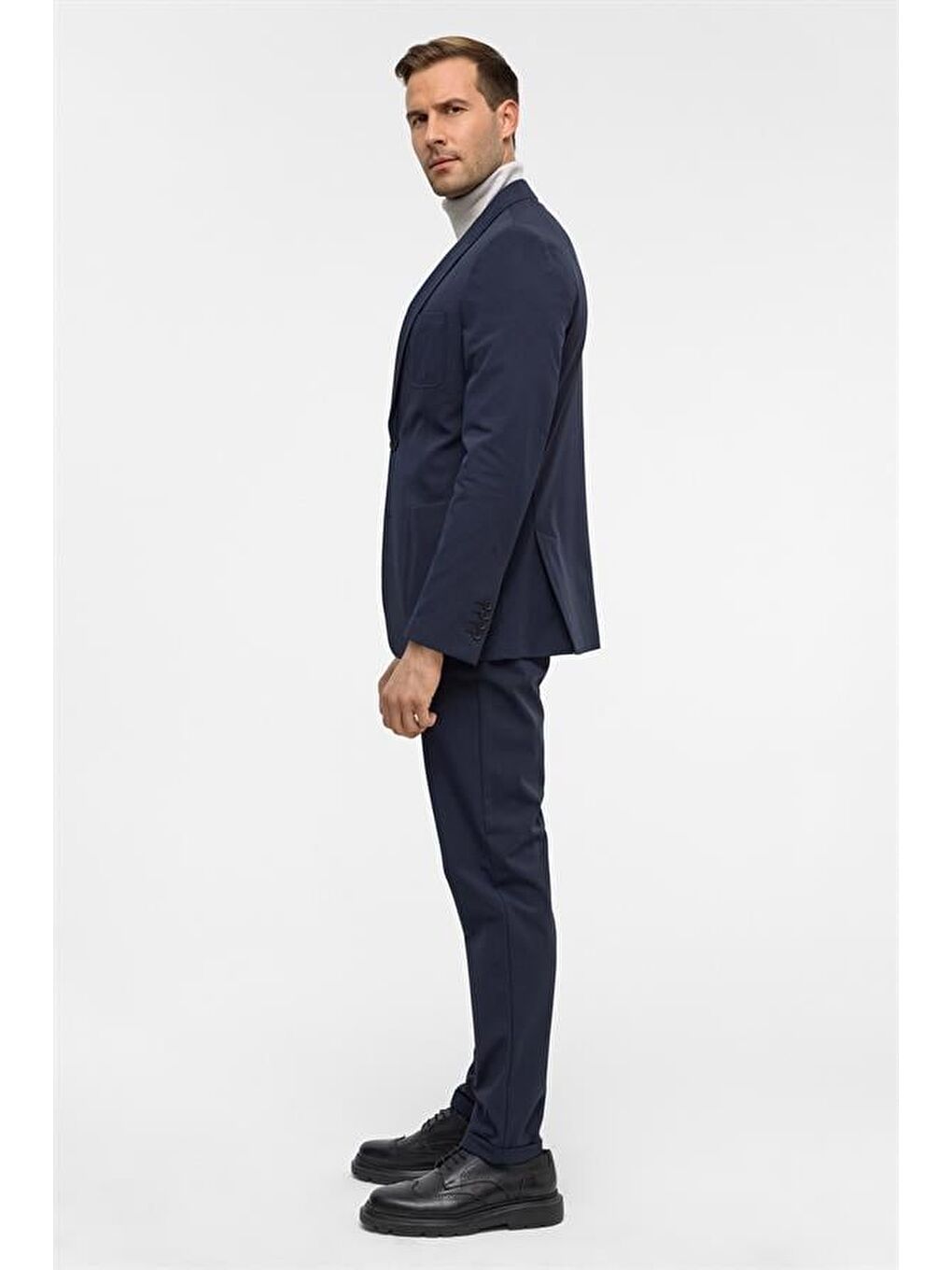 Lacivert Slim Desenli Sivri Yaka 6 Drop Yelekli Takım Elbise-10