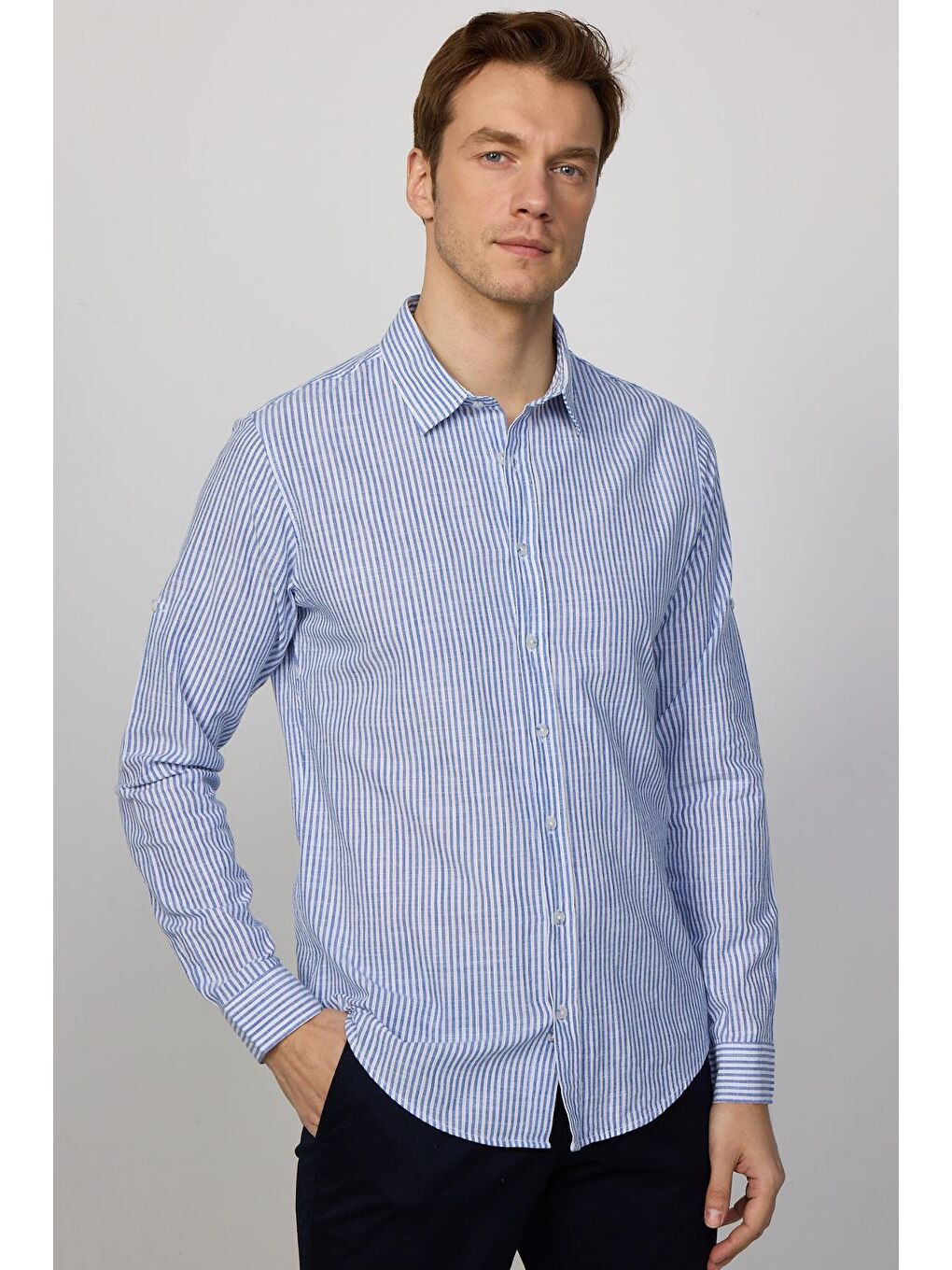 Karışık Slim Fit Uzun Kollu Dar Kalıp Çizgili Yazlık Keten Doku Erkek Gömlek