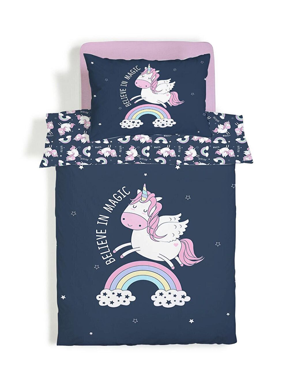 EVMİLA Karışık Çift Taraflı Unicorn Gökkuşağı Desenli Çarşafsız Takım Tek Kişilik Nevresim Takımı 160x220 Cm - 1