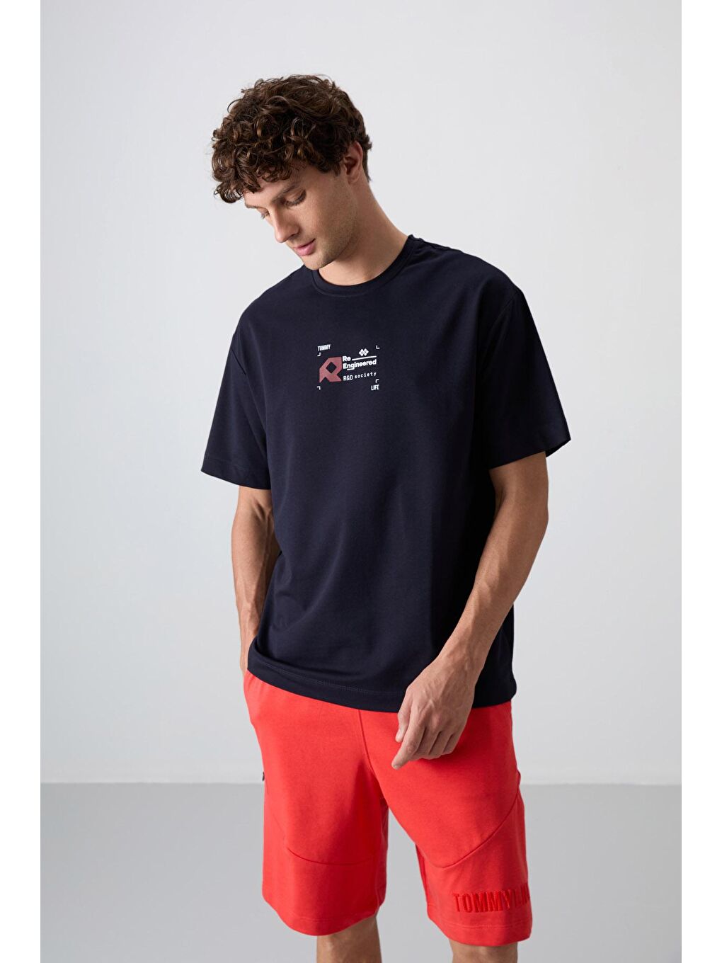 TOMMYLIFE Lacivert Pamuklu Kalın Yumuşak Dokulu Oversize Fit Baskılı Erkek T-Shirt - 88350 - 3