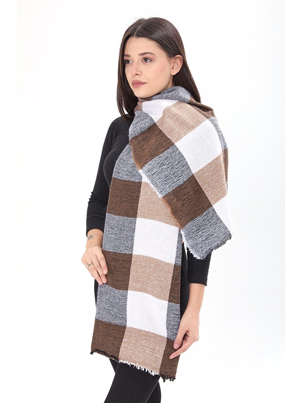 Orta Kadın Kahverengi Çift Taraflı Omuz Şalı - 23884-2