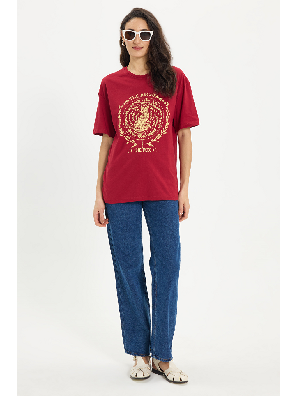 Kadın Oversize Geniş Kesim %100 Pamuk Bisiklet Yaka Kısa Kollu Baskılı Bordo Tişört-1