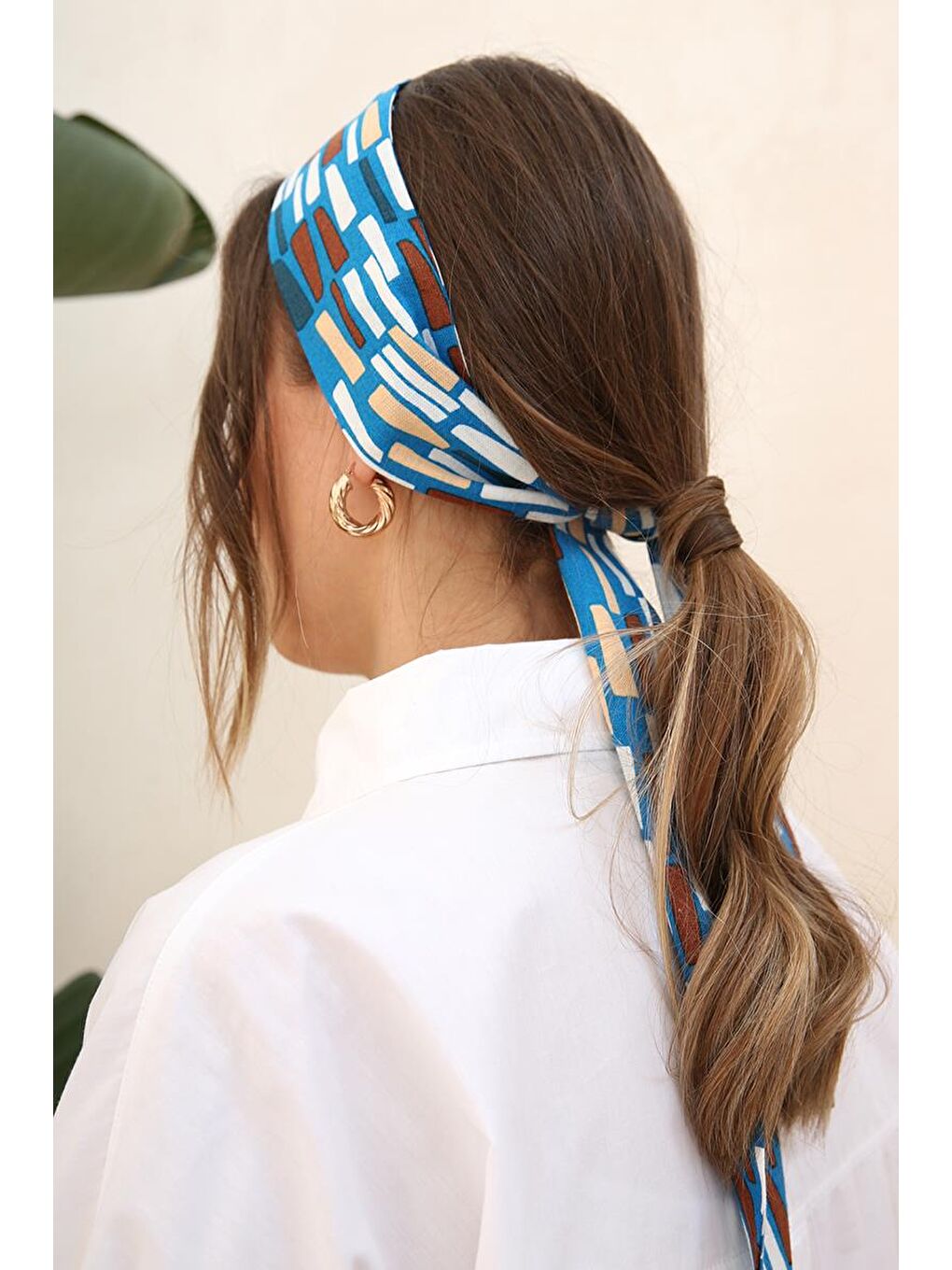 Koyu Mavi-Ekru-Emprime Desenli Çok Kullanımlı Fular-1