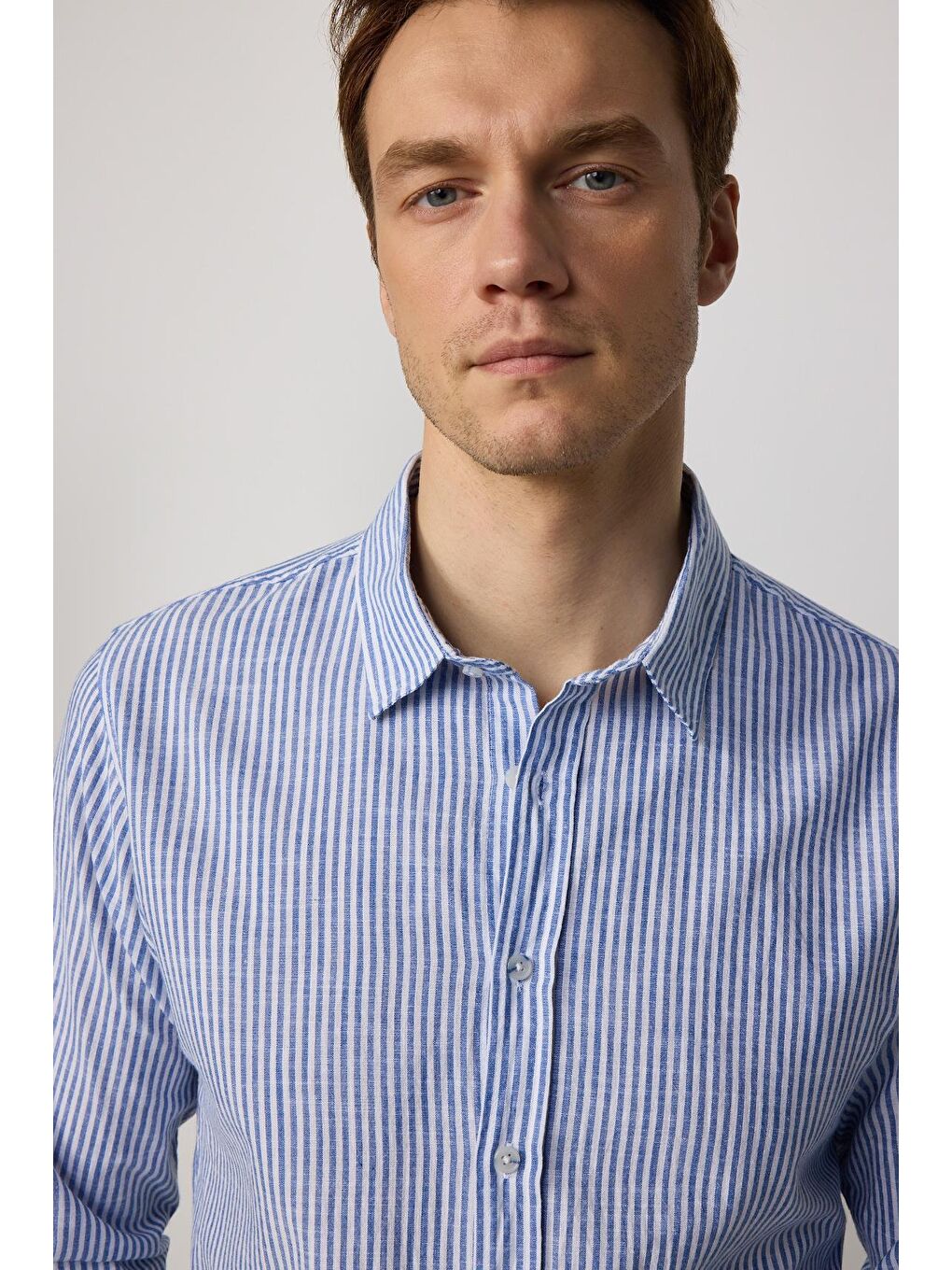 Karışık Slim Fit Uzun Kollu Dar Kalıp Çizgili Yazlık Keten Doku Erkek Gömlek-1