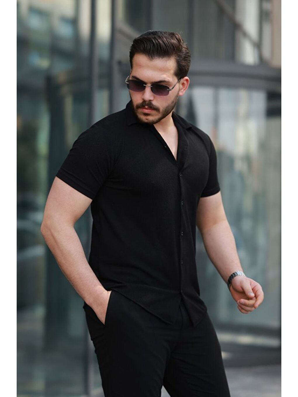 Siyah Erkek Kısa Kollu örme Kumaş Pamuklu Gömlek-1