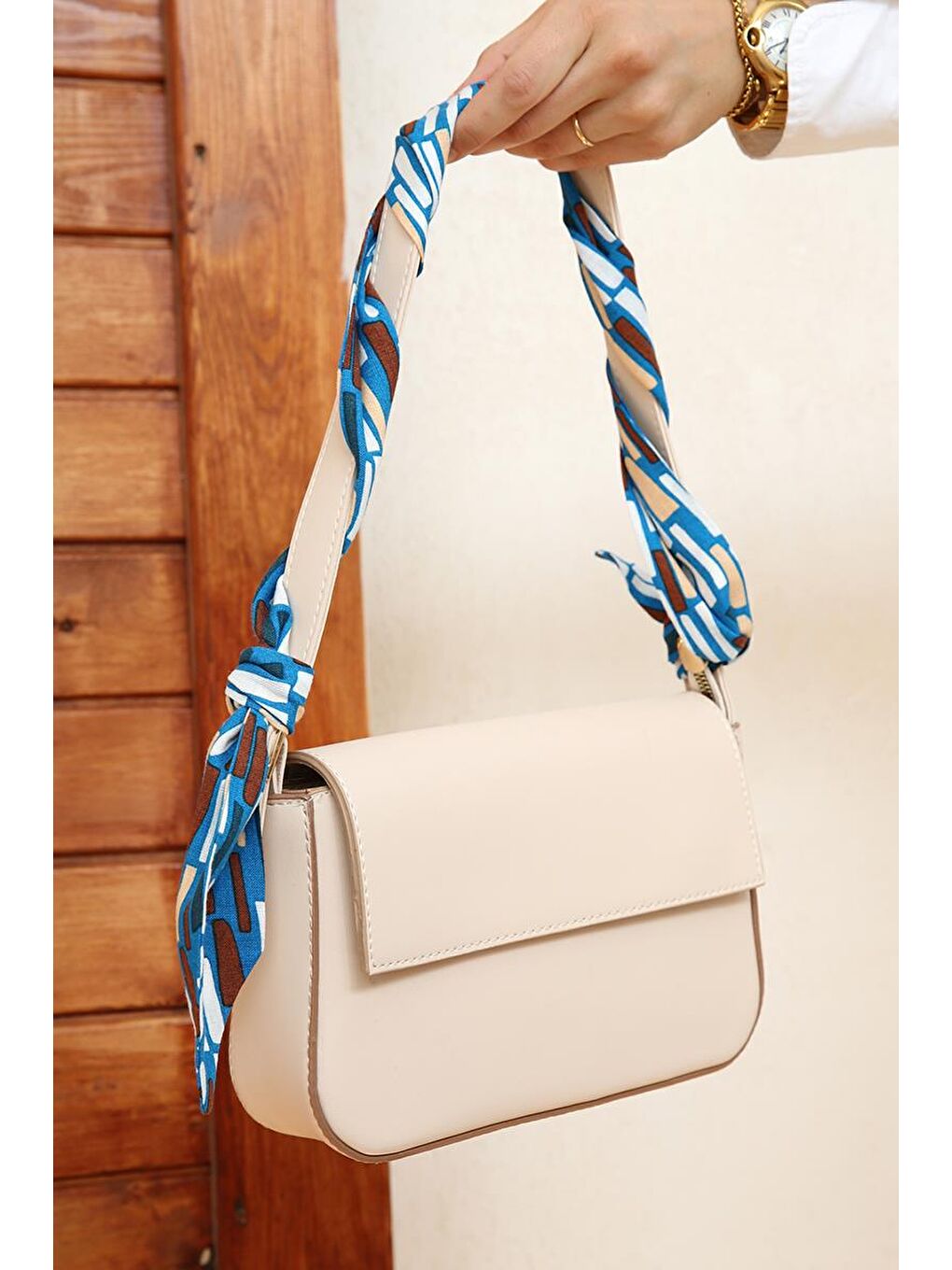 Koyu Mavi-Ekru-Emprime Desenli Çok Kullanımlı Fular-2