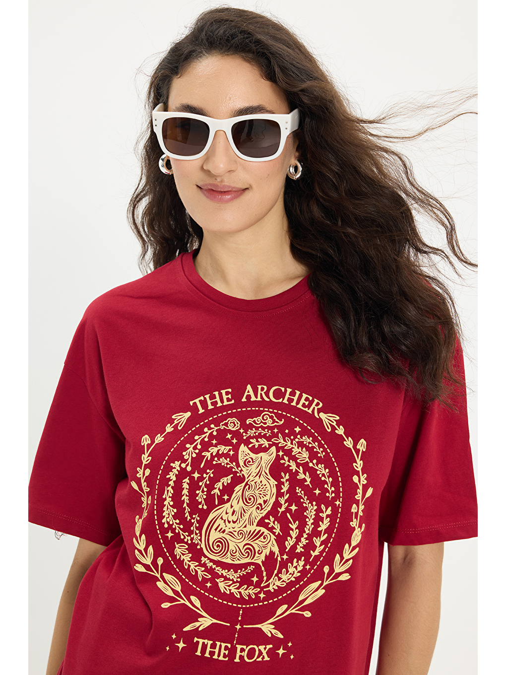 Kadın Oversize Geniş Kesim %100 Pamuk Bisiklet Yaka Kısa Kollu Baskılı Bordo Tişört-2