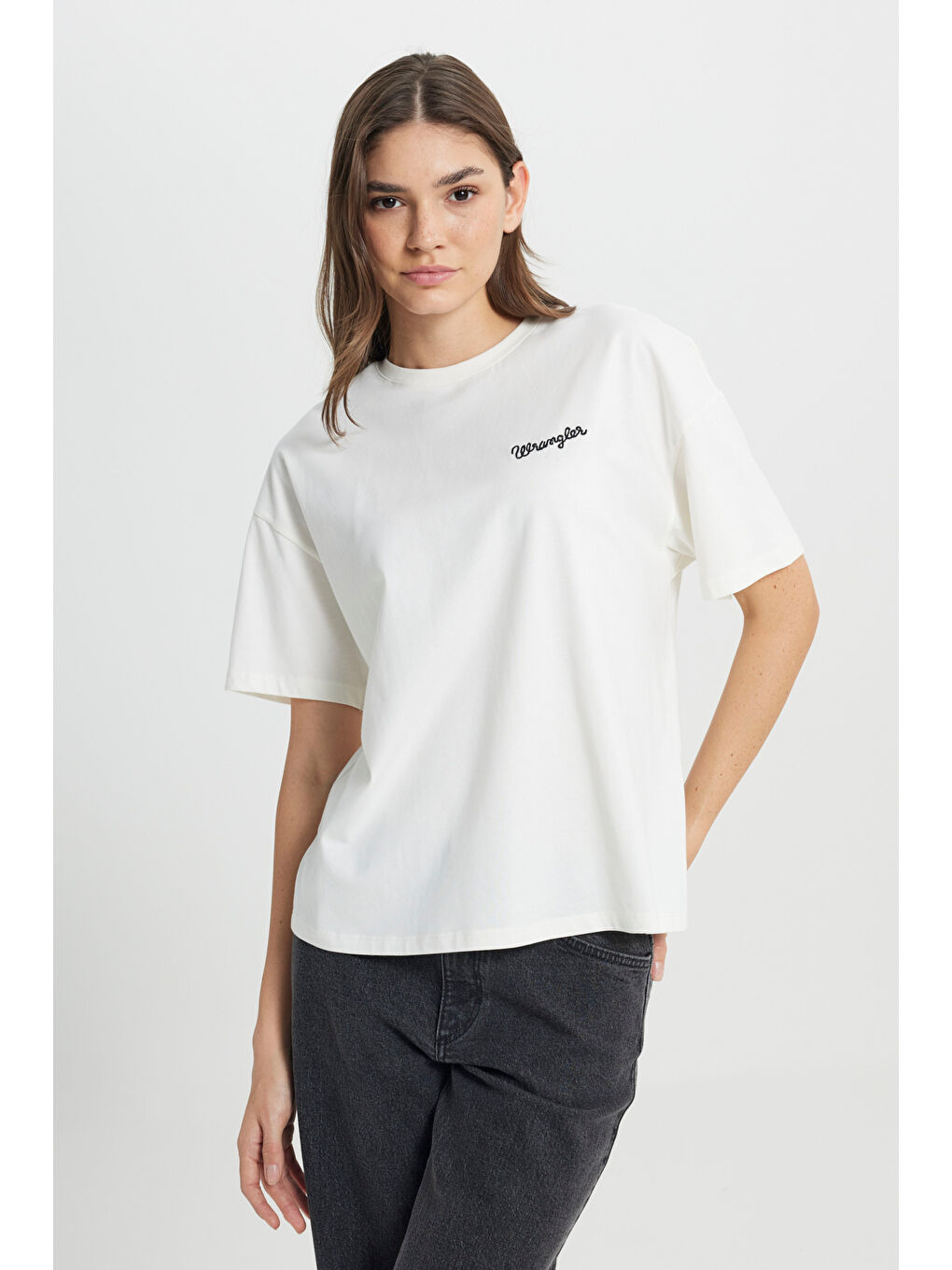 Loose Fit Rahat Kesim Bisiklet Yaka %100 Pamuk Beyaz Tişört-1