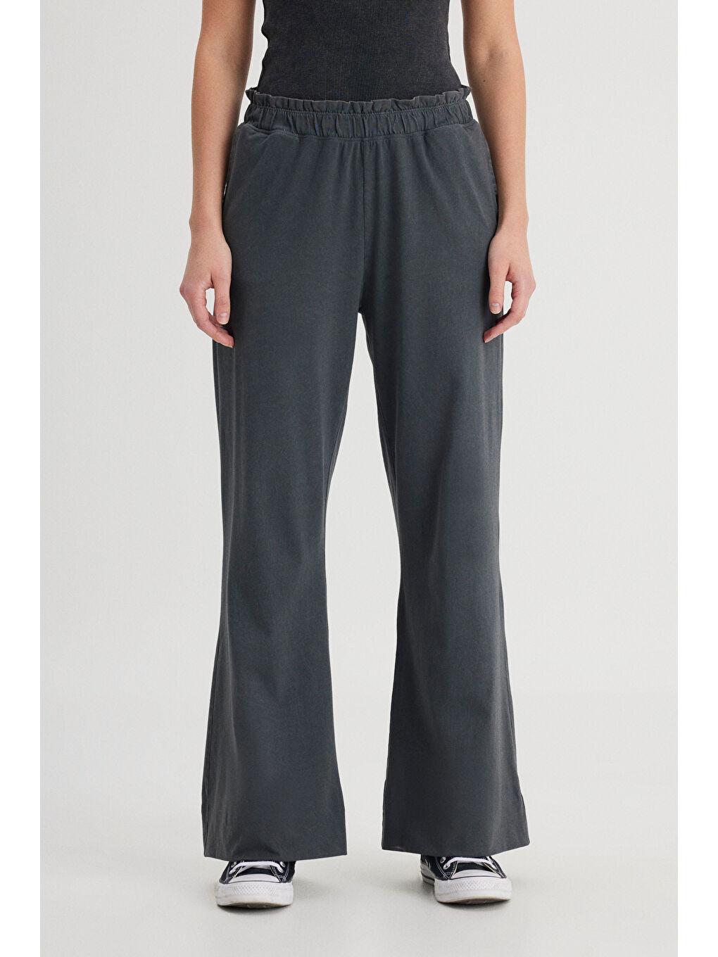 Loose Fit Rahat Kesim Yüksek Bel Geniş Paça %100 Pamuk Antrasit Sweatpant Eşofman-3