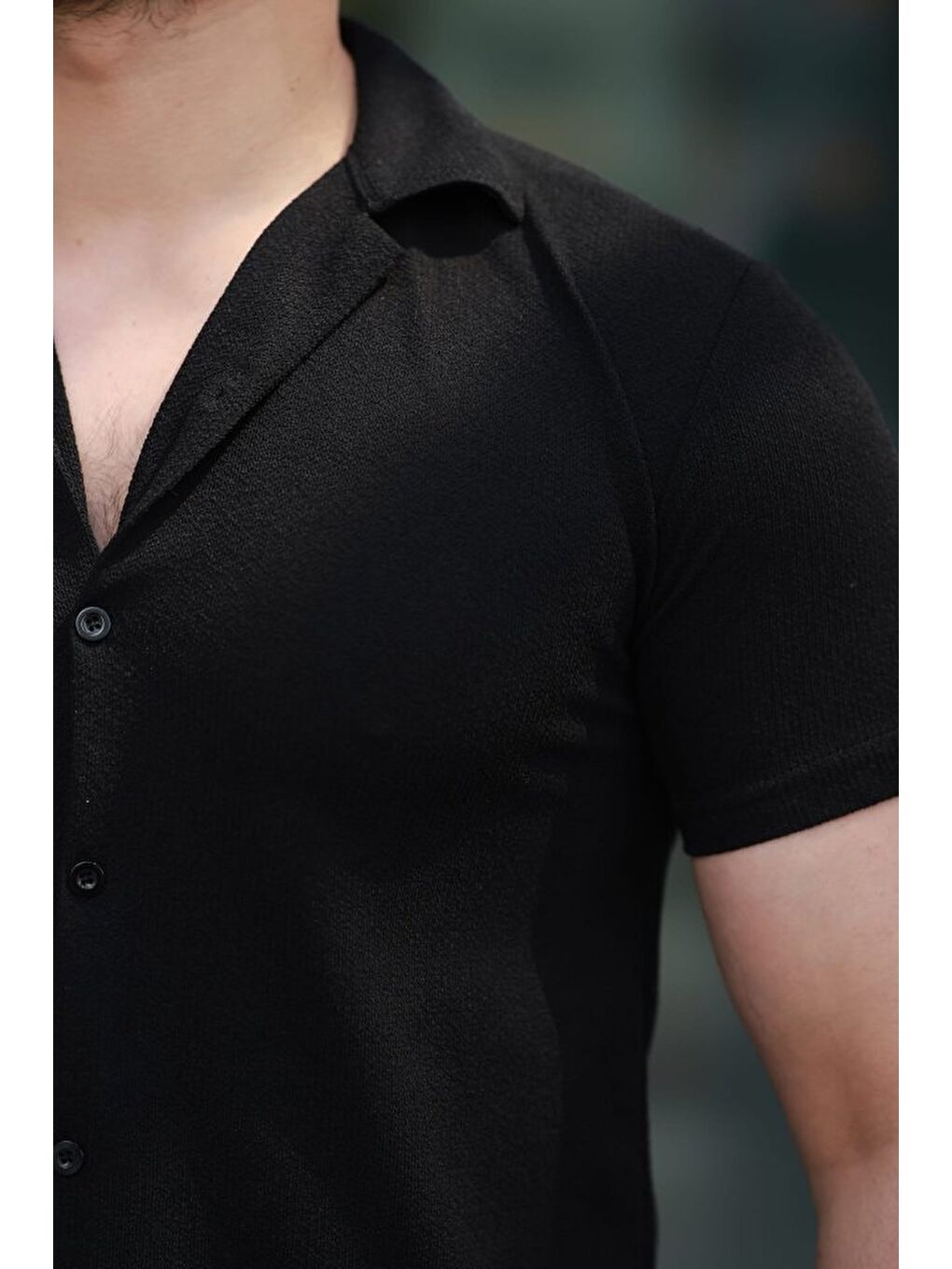 Siyah Erkek Kısa Kollu örme Kumaş Pamuklu Gömlek-2