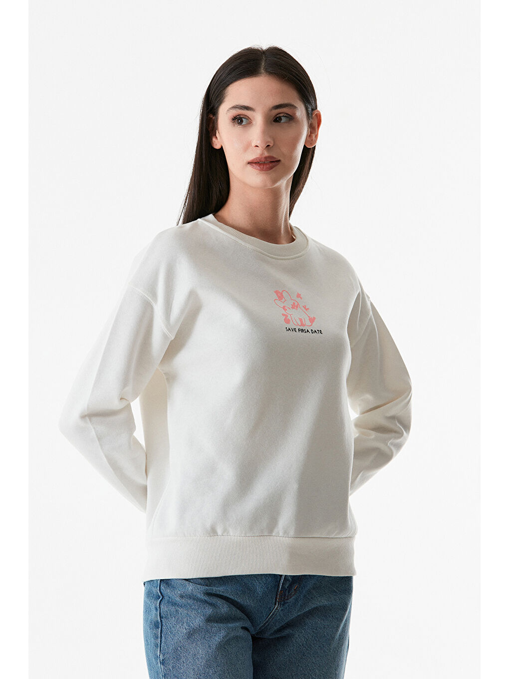 Fullamoda Ekru Baskılı Bisiklet Yaka Sweatshirt - 4