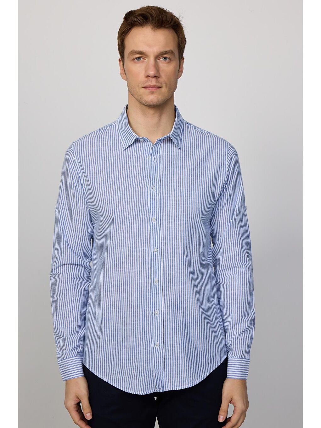 Karışık Slim Fit Uzun Kollu Dar Kalıp Çizgili Yazlık Keten Doku Erkek Gömlek-2