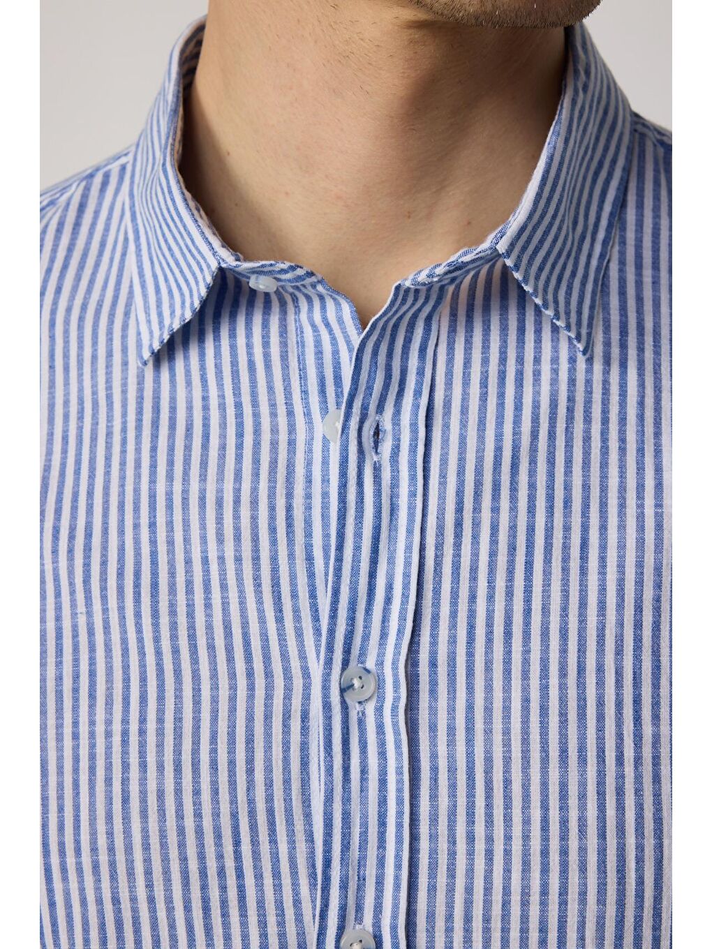 Karışık Slim Fit Uzun Kollu Dar Kalıp Çizgili Yazlık Keten Doku Erkek Gömlek-3