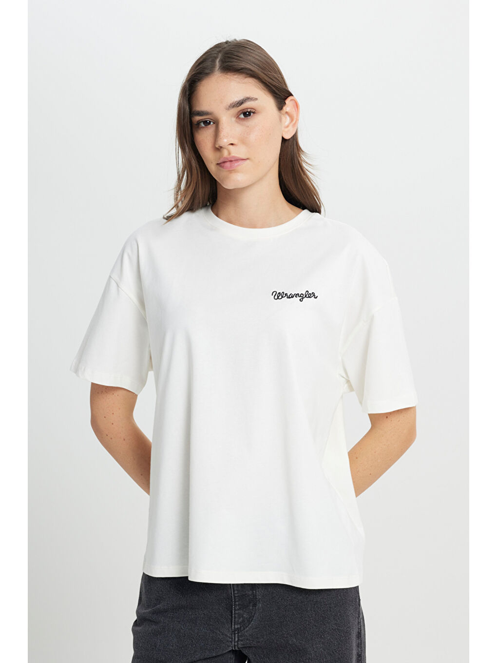 Loose Fit Rahat Kesim Bisiklet Yaka %100 Pamuk Beyaz Tişört-2