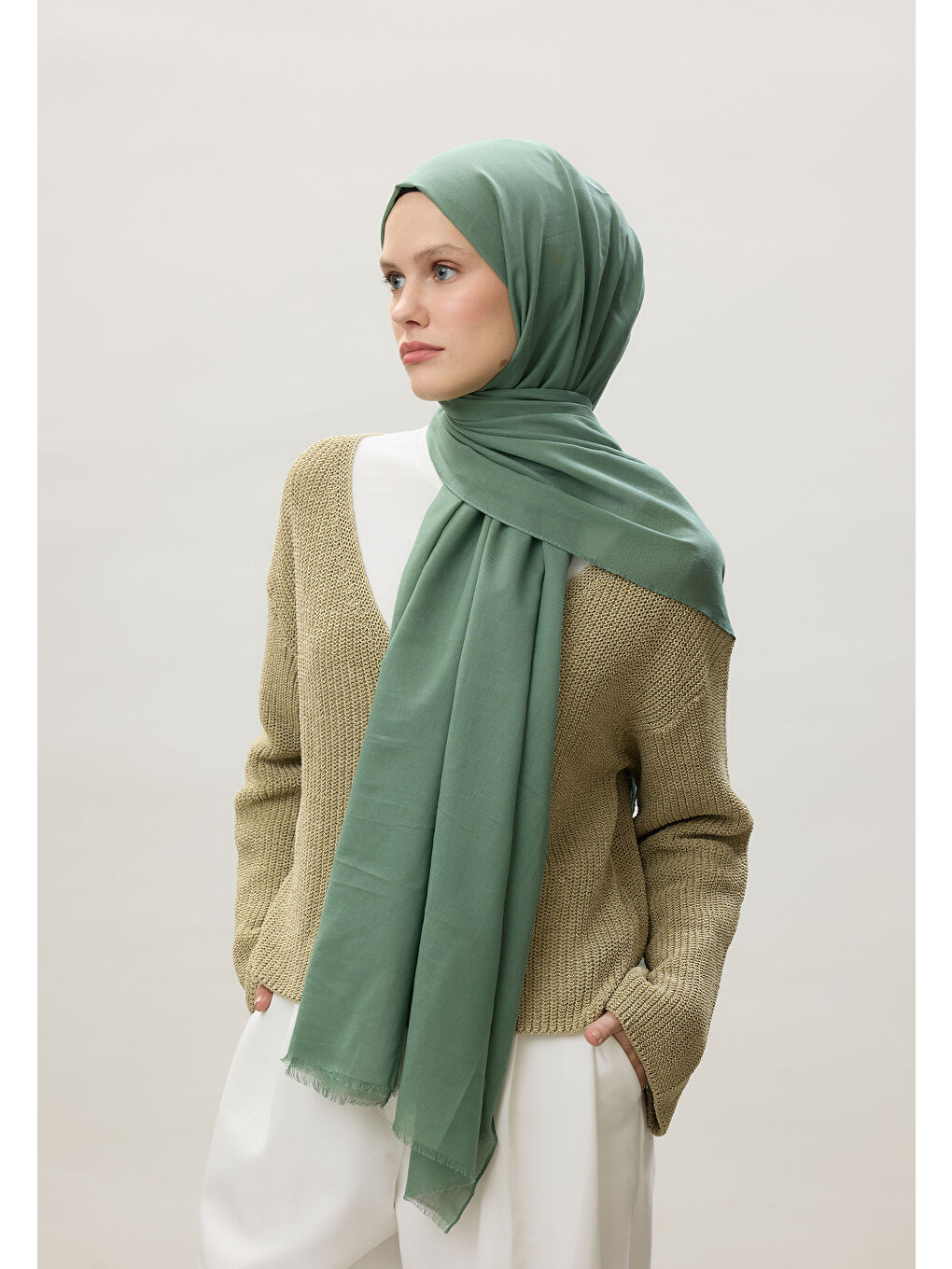 Yeşil İnce Pamuk Vual Şal Mınt-4