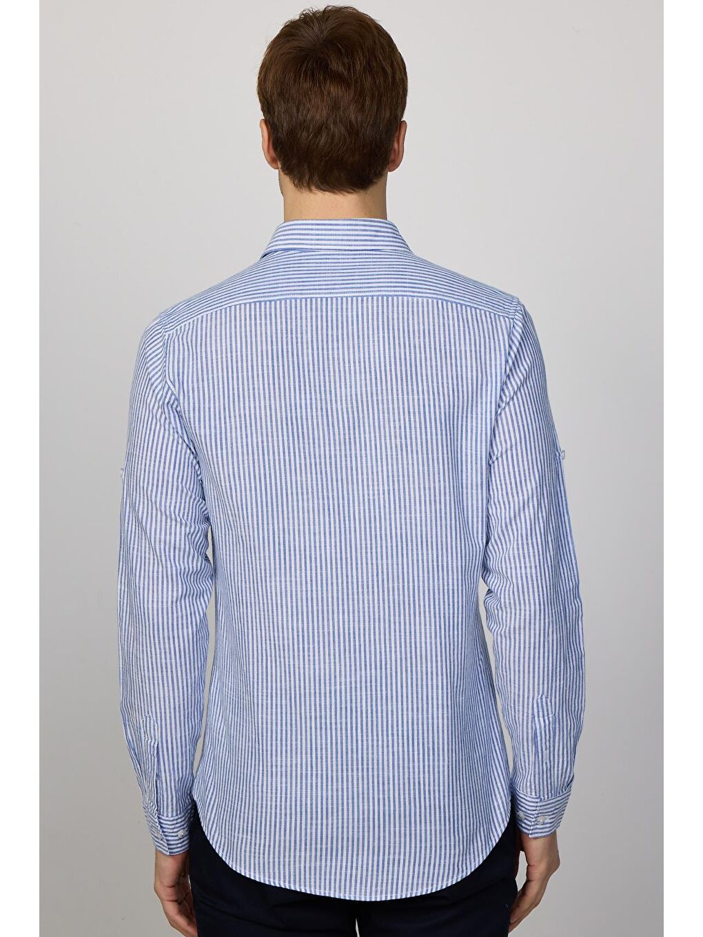 Karışık Slim Fit Uzun Kollu Dar Kalıp Çizgili Yazlık Keten Doku Erkek Gömlek-4