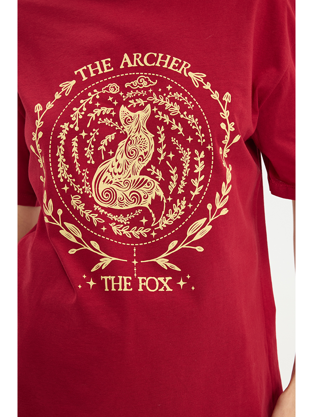 Kadın Oversize Geniş Kesim %100 Pamuk Bisiklet Yaka Kısa Kollu Baskılı Bordo Tişört-4